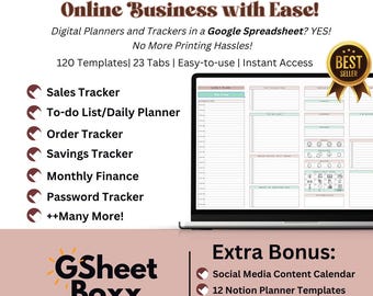 May include: A laptop screen displays a digital planner with a light green and pink color scheme. Text on the screen includes "Daily Plan" and "To Do List." The image also features text that reads "Manage Your Online Business with Ease!" and "GSheet Boxx."
