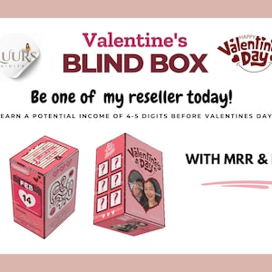 May include: Pink Valentine's Day Blind Box with the text "Valentine's BLIND BOX". The box features a February 14th date and a heart design. The image also includes the text "Be one of my reseller today!"