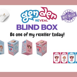 May include: Gender Reveal Blind Box with a pink, blue, and white color scheme. The box features a cartoon baby and the text "Gender Reveal Blind Box".