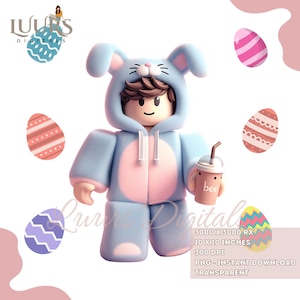 May include: A blue bunny costume with pink accents and a brown-haired character wearing it. The character is holding a brown cup with the word "bee" on it. There are several colorful Easter eggs in the background.