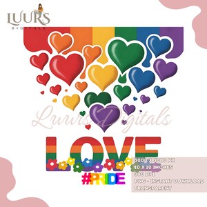 Pode incluir: Design gráfico digital com corações coloridos de diferentes tamanhos e tons. A palavra "LOVE" está em cores do arco-íris, com a hashtag "#PRIDE" abaixo. Arquivo PNG, 3000 x 3000 px, 25.4 cm x 25.4 cm.