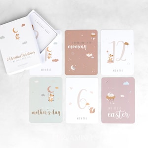 Cartes bébé jalon en anglais, cartes jalons unisexes mignons bébés animaux, cadeau de baby shower, jalon unisexe couleur pastel