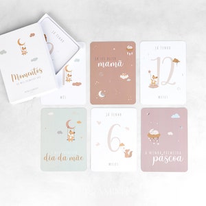 Cartes bébé jalon en portugais, cartes jalons unisexes mignons bébés animaux, cadeau de baby shower, jalon unisexe couleur pastel