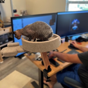 Op de afbeelding: Een grijze kat zit op een beige kattenboom-zitting die met een zwarte klem aan een bureau is bevestigd. De kattenboom is gemaakt van hout en heeft een beige stoffen bekleding. De kat kijkt naar het bureau.