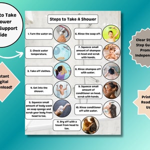 May include: A colorful visual guide with illustrations showing the steps to take a shower. The guide includes instructions like "Turn the water on", "Check water temperature", "Take off clothes", "Get into the shower", "Squeeze small amount of body wash on soap sponge and scrub your body from head to toe", "Rinse the soap off", "Squeeze small amount of shampoo on head and scrub with hands", "Rinse shampoo off with water", "Squeeze small amount of conditioner on head, scrub with hands", "Rinse conditioner off with water", and "Dry off with a towel from head to toe". The guide also includes the text "Clear Step by Step Guide to Promote Independence" and "Print and Ready for Use!"
