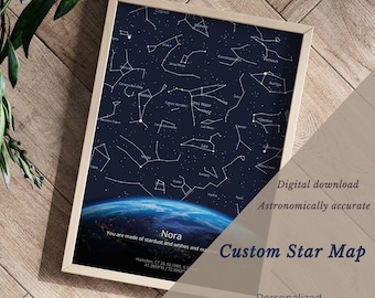 Carte des étoiles personnalisée - TERRE • Carte des étoiles personnalisée • Cadeau d'anniversaire • Carte du ciel numérique par date et lieu • Mariage, cadeau pour bébé
