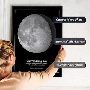 May include: A black and white image of the moon phase on a specific date. The text below reads "Our Wedding Day", "You are my past, my present and my future. I love you to the moon and back", "Paris 28.08.2010, 4:00 PM", "48.8534°N / 2.3483°E". The image is framed and has a white border.