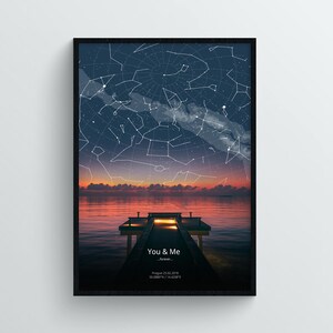 May include: Framed print showing a star map over a sunset scene with a pier. The print includes the text "You & Me...forever..." and location and date details.