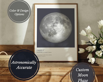 May include: A printable poster featuring a grayscale image of the moon with the text "FAMILY" and "From this day...for better or worse" below the image. The poster also includes the date and time of the moon phase, "Virginia Beach, 28.07.2018, 3:00 PM".