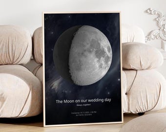 May include: A rectangular wall art print featuring a detailed lunar phase against a dark, starry nebula background. The text reads: The Moon on our wedding day, Always, together!, Constanța 01.11.2025, 1:30 PM, 44.1756°N / 28.6278°E.