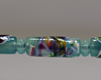 Green and Multi Color Glass Lampwork Tube Beads and Spacers Set for Making Jewelry