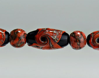 Handmade Lampwork Glass Oval and Round Glass Bead Set in Black and Silvered Coral for Making Jewelry by Sky Valley Beads