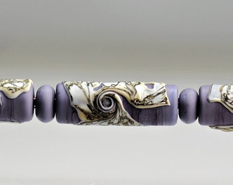 Glass Tube and Spacer Bead Set in Matte Purple and Silvered Ivory