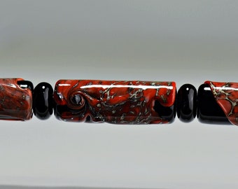 Black and Silvered Coral Glass Lampwork Tube Bead Set for Making Jewelry