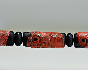 Matt Black and Silvered Coral Glass Lampwork Tube Bead Set for Making Jewelry