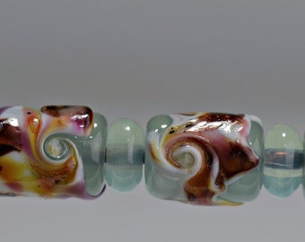 Pale Green and Pink Lampwork Glass Barrel Bead Set for Making Jewelry