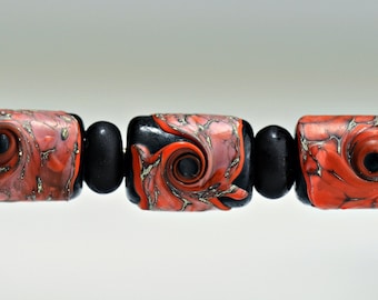 Handmade Glass Lampwork Barrel Bead Set in Matte Black and Silvered Coral for Making Jewelry