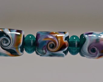 Teal with Multi Colors Lampwork Glass Barrel Bead Set for Making Jewelry