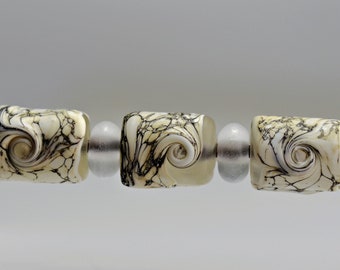 Silvered Ivory and Etched Clear Lampwork Bead Set - 18 mm barrel beads, 12 mm spacer beads, unique artisan beads for making jewelry