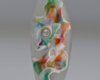 Glass Lampwork Focal Bead in White, Peach, Green and Pinks for Making Jewelry by Sky Valley Beads