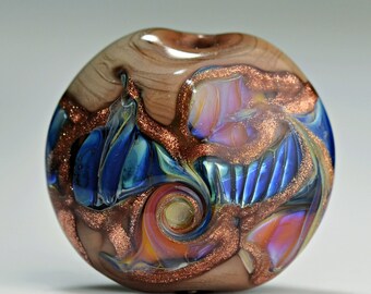 Lampwork Lentil Focal Bead in Brown Peach and Blue for Making Jewelry by Sky Valley Beads