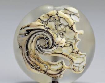 Handmade Glass Lampwork Lentil Focal Bead in Matte Clear Glass and Silvered Ivory by Sky Valley Beads