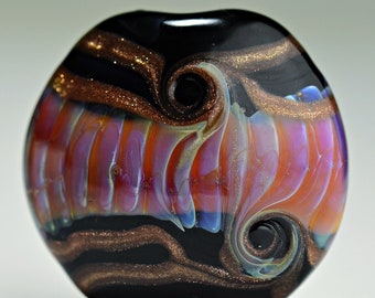 Handmade Glass Lampwork Round Lentil Focal Bead in Black and Pink  by Sky Valley Beads