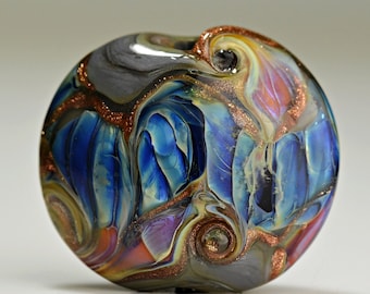Perle focale ronde en verre au chalumeau, lentilles, roses grises et bleues pour la fabrication de bijoux par Sky Valley Beads