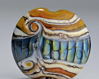 Yellow and Blue Glass Lampwork Round Lentil Pendant Bead for Making Jewelry