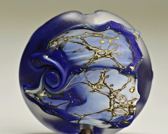 Etched Silver and Blue Lampwork Glass Focal Bead for Making Jewelry by Sky Valley Beads