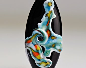 Handmade Lampwork Focal Bead in Black, Aqua and Orange for Making Jewelry by Sky Valley Beads