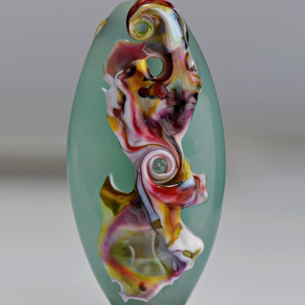 Glass Lampwork Focal Bead in Light Green and Pinks  for Making Jewelry by Sky Valley Beads