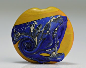 Glass Lentil Focal Bead in Matte Yellow and Silvered Blue for Making Jewelry by Sky Valley Beads