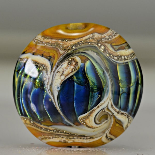 Yellow and Blue Glass Lampwork Round Lentil Pendant Bead for Making Jewelry