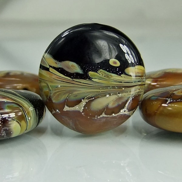 Lampwork Glass Bead Set Black/Golden Brown/Silvered Raku
