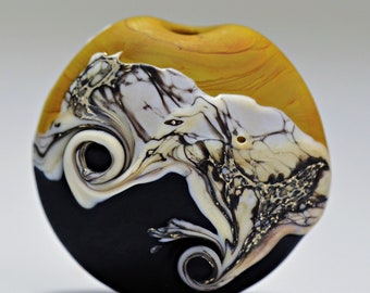 Handmade Glass Round Lentil Focal Bead in Matte Yellow and Black for Making Jewelry by Sky Valley Beads