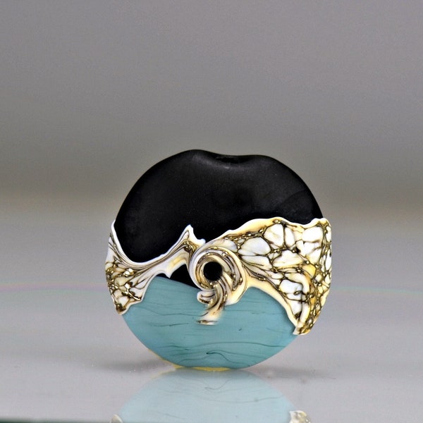 Lampwork Focal Bead, 1.25 inch, lentil, pale blue, black, handmade glass bead, for making jewelry, artisan glass bead