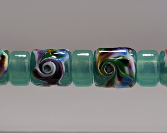 Big Hole Glass Lampwork Barrel Bead Set in Green and Multi Colors by Sky Valley Beads