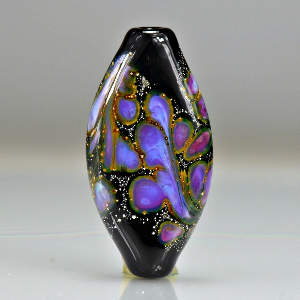 Black Purple Silver Lampwork Focal Bead, sra, 51 mm, 3 mm hole, marquise, long glass pendant bead, beads for jewelry