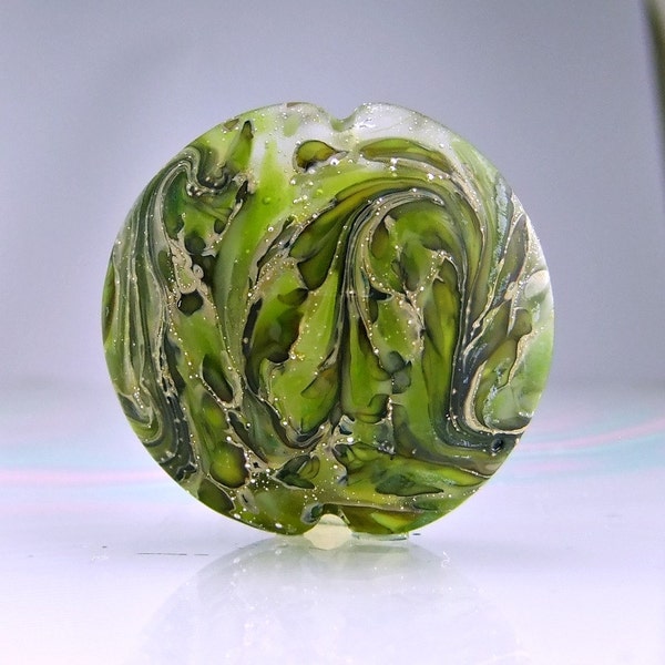 Etched Silvered Green Organic Lampwork Focal Bead