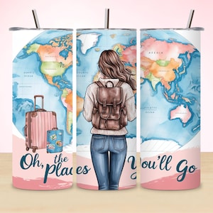 Oh the Places You'll Go bekersublimatieontwerp, reiziger 20oz magere beker png, wereldkaart bekeromslag, ontwerp beker voor reizen