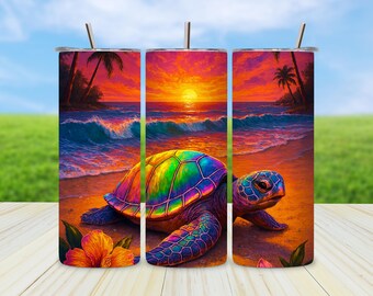 Envoltura para vaso con diseño de tortuga marina al atardecer en la playa: Diseño de sublimación (descarga digital)