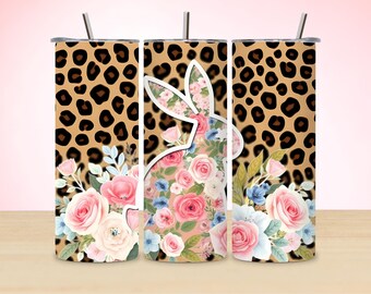Floral Bunny Tumbler Wrap: Boho Leopard 20oz Skinny Design (Digital Download)