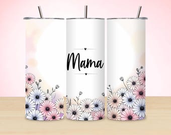 Może przedstawiać: Trzy kubki ze stali nierdzewnej z białym tłem i kwiatowym wzorem. Środkowy kubek ma napis "Mama" czarnymi literami.