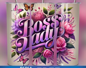 May include: A cylindrical tumbler with a straw featuring a cream background, pink and purple floral illustrations, orange and pink butterflies, and the text Boss Lady in a large, stylized purple and pink gradient font across the center.