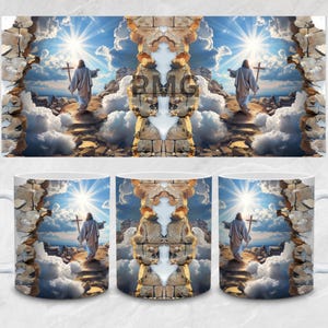 May include: A white ceramic mug featuring a repeating wrap-around design of a figure in a robe walking toward a bright sunlit sky with clouds and a cross. The scene is framed by a cracked stone wall effect with the letters BMG printed in the center.