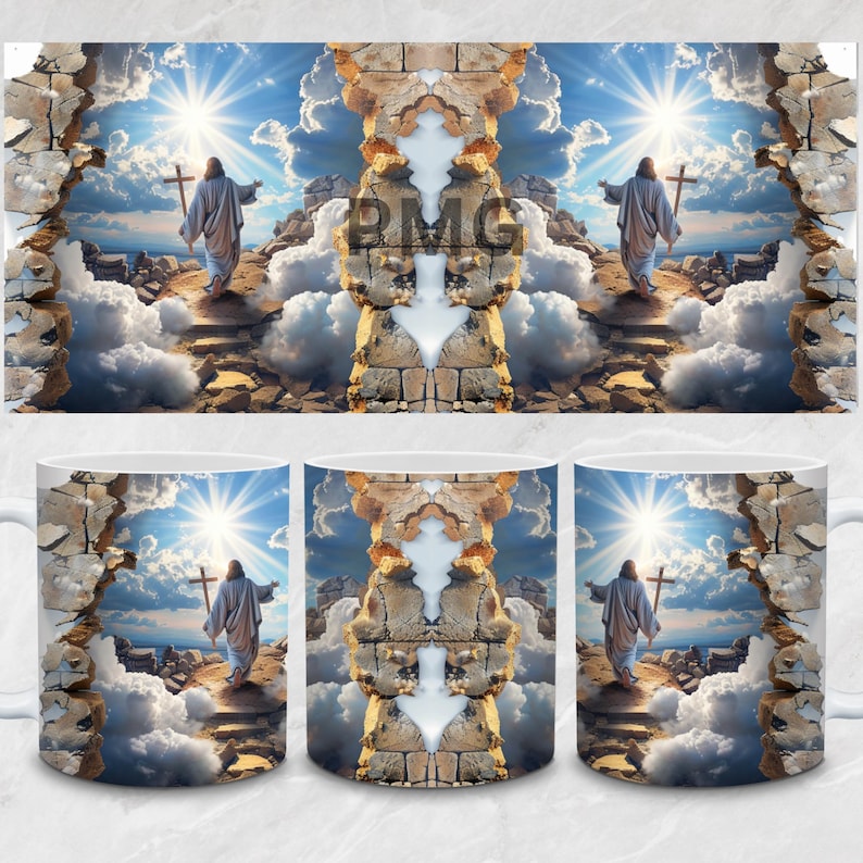 May include: A white ceramic mug featuring a repeating wrap-around design of a figure in a robe walking toward a bright sunlit sky with clouds and a cross. The scene is framed by a cracked stone wall effect with the letters BMG printed in the center.