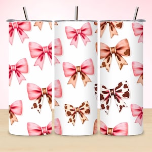 Coquette Tumbler Wrap: roze strik en geruit ontwerp (20 oz mager, png-bestand) (digitale download)