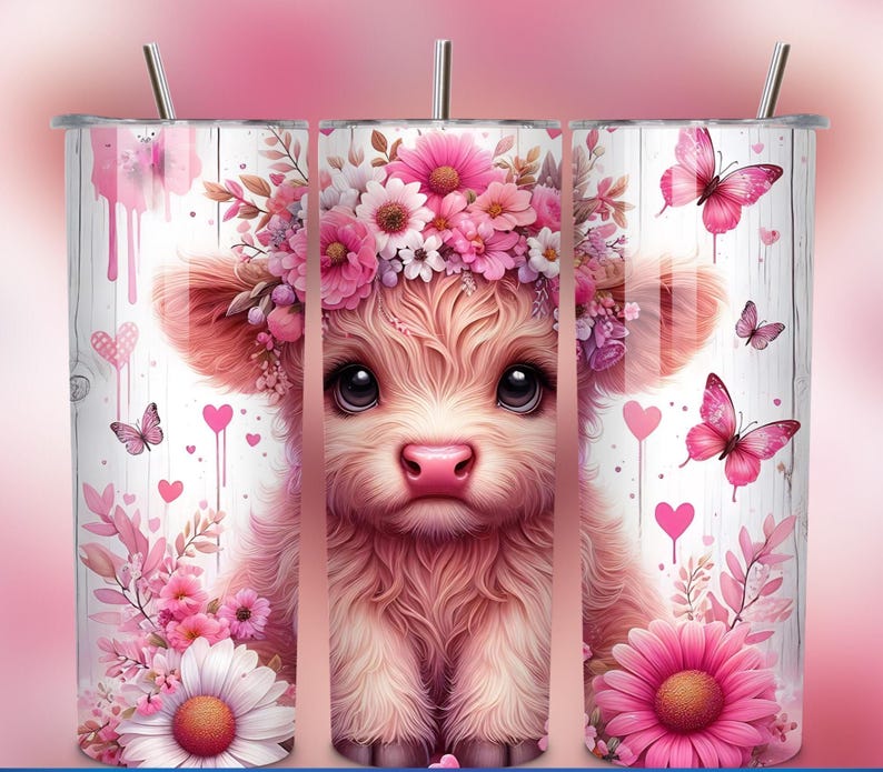 Pink Sunflower Highland Cow Tumbler Wrap: Floral Sublimation Design ...