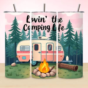 Camping Tumbler Wrap, Pink Camper PNG, Lovin the Camping Sublimation, 20oz Skinny Tumbler Design, Seamless Outdoor Wrap Download